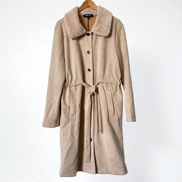 Alice Blue Faux Suede Beige Long Coat with Faux Fur Collar and Belt Womens XL - Picture 2 of 14